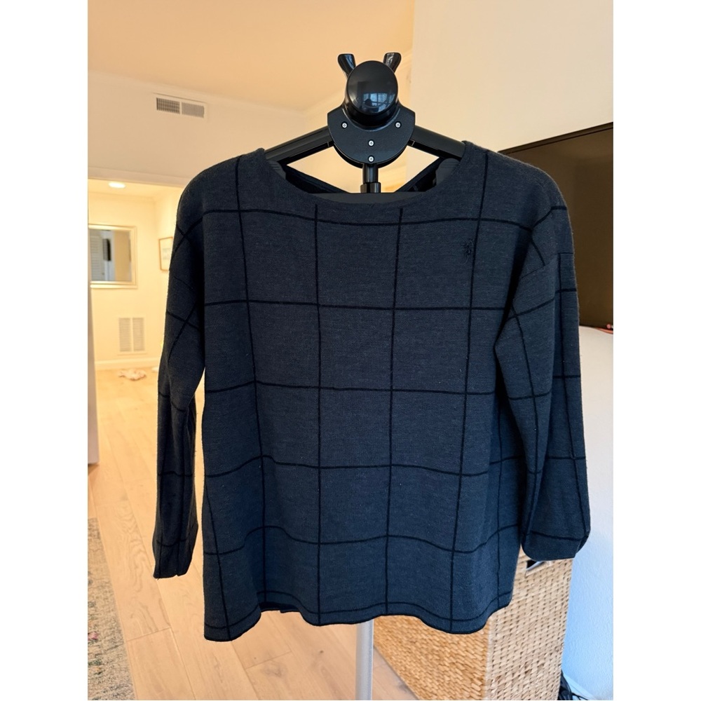 Eileen Fisher Gray Grid Pattern Merino Wool Sweater